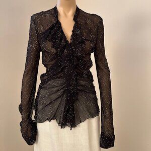 DONNA KARAN SILK, RUFFLE ACCENT BLOUSE, SEE-THROUGH, SIZE 12 (NWOT)